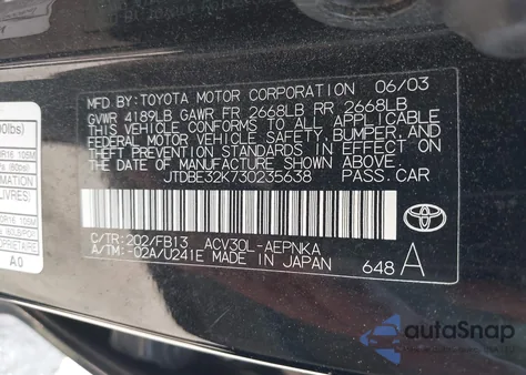 2003 Toyota Camry Le z USA, uszkodzony, nr VIN JTDBE32K730235638